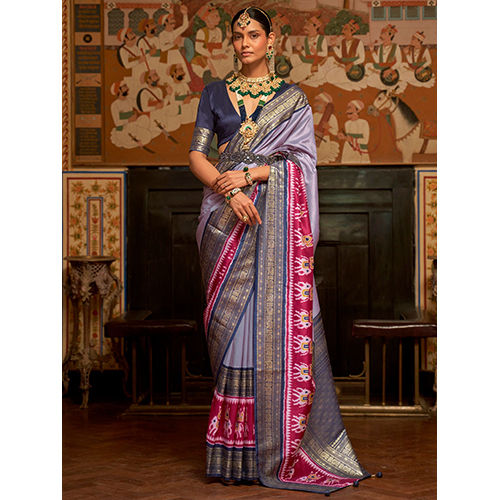 Sky Blue Womens Silk Blend Lavendar Woven Design Saree With Blouse Piece