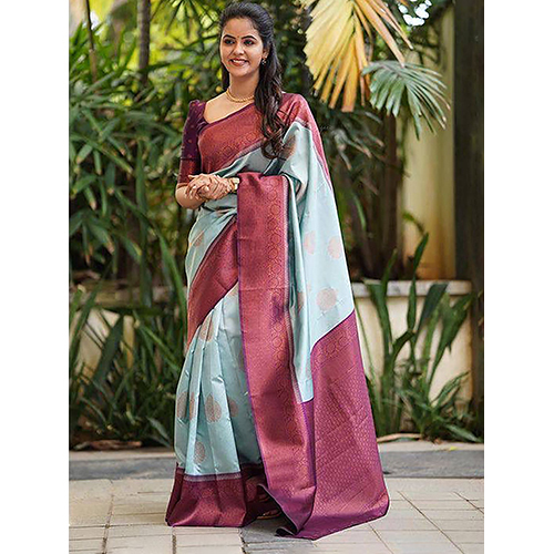 Womens Silk Blend Blue Woven Design Saree With Blouse टुकड़ा