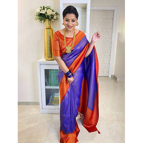 Womens Silk Blend Blue Woven Design Saree With Blouse टुकड़ा