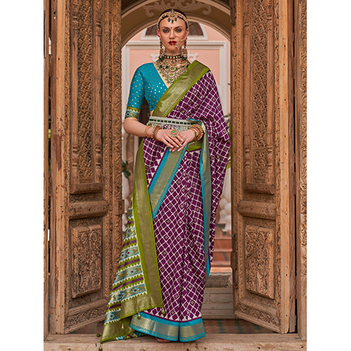 Womens Silk Blend Purple Woven Design Saree With Blouse टुकड़ा
