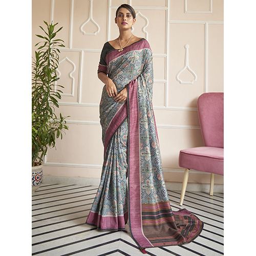 Womens Tussar Silk Green Printed Saree With Blouse टुकड़ा