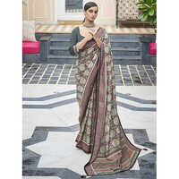 Brown Womens Tussar Silk Magenta Printed Saree With Blouse Piece