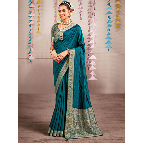 Womens Pure Silk Teal blue Embellished Saree With Blouse टुकड़ा