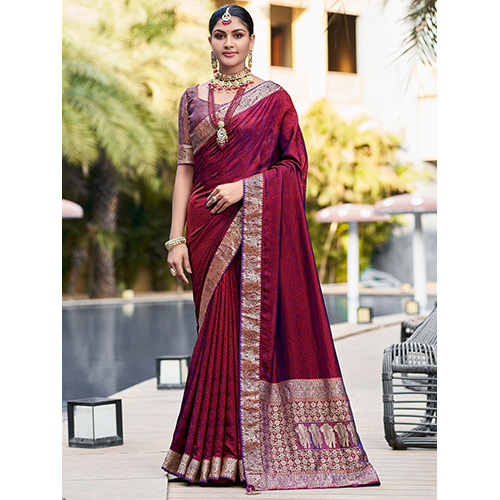 Womens Pure Silk Burgundy Embellished  Saree With Blouse टुकड़ा