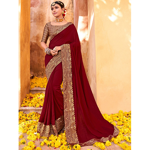 Womens Vichitra Silk Maroon Saree With Blouse टुकड़ा
