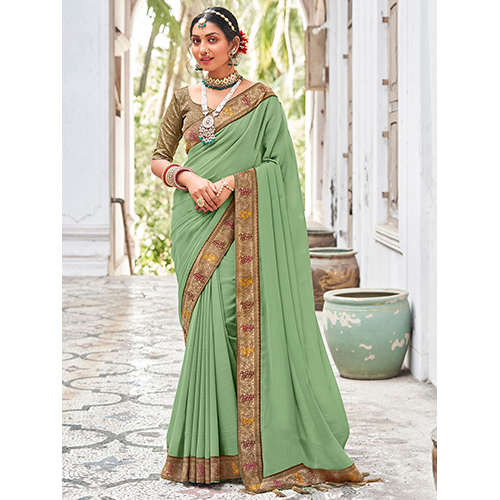 Womens Vichitra Silk Light Green Embellished Saree With Blouse टुकड़ा