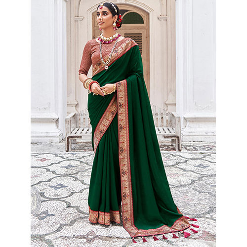 Womens Vichitra Silk Green  Saree With Blouse Piece