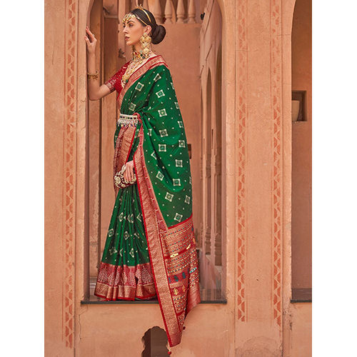 Womens Designer Saree - Silk Blend Material, Elegant Green Woven Design | Casual Occasion, Includes Matching Blouse Piece