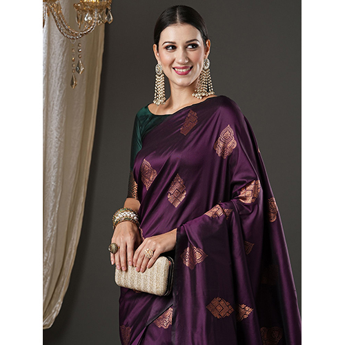 Womens Silk Blend Purple Woven Design Saree With Blouse टुकड़ा