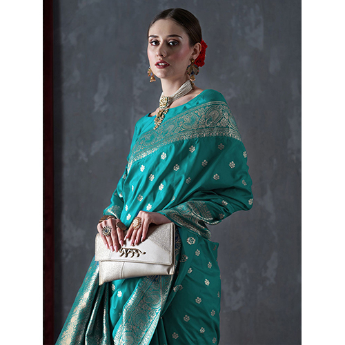 Womens Silk Blend Blue Woven Design Saree With Blouse टुकड़ा