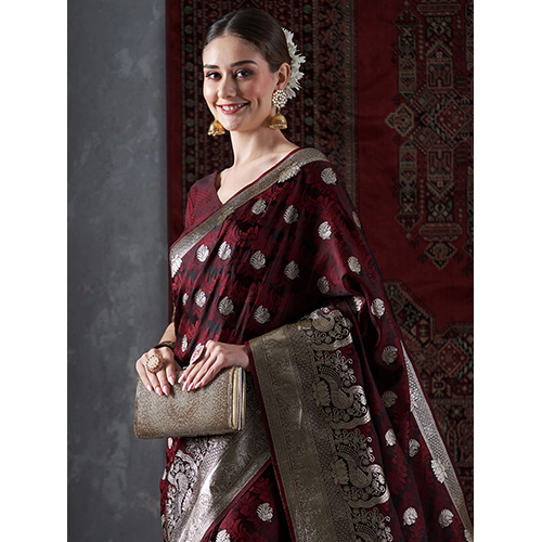 Womens Satin Silk Maroon Woven Design Saree With Blouse टुकड़ा