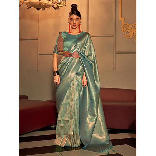 Womens Silk Blend Sea Green Woven Handloom Saree With Blouse टुकड़ा