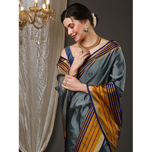 Casual Womens Aura Silk Grey Woven Design Saree With Blouse Piece