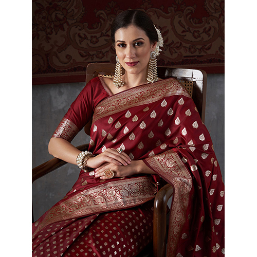 Womens Silk Blend Maroon Woven Designer Saree With Blouse टुकड़ा