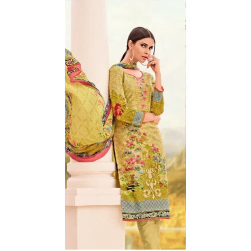 Green Printed Cotton Semi Stitched Suit