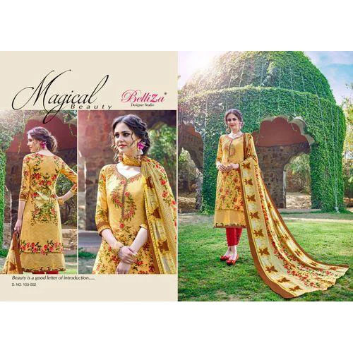 Yellow Printed Semi Stitched Suit