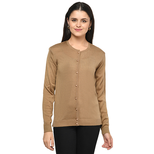 Ladies Round Neck D Camel Cardigan