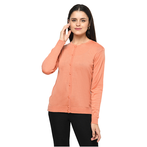 Ladies Round Neck L Orange Cardigan