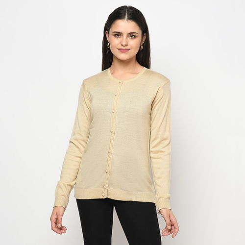 Ladies Round Neck M Beige Cardigan