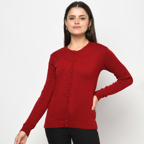 Ladies Round Neck Maroon Cardigan