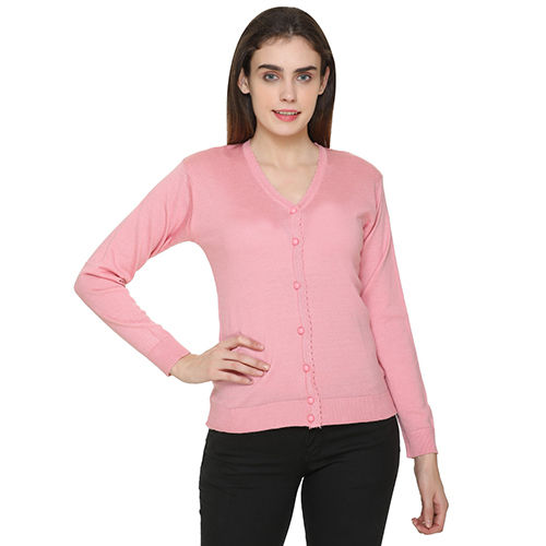 V Neck Ladies V-Neck Baby Pink Cardigan With Button