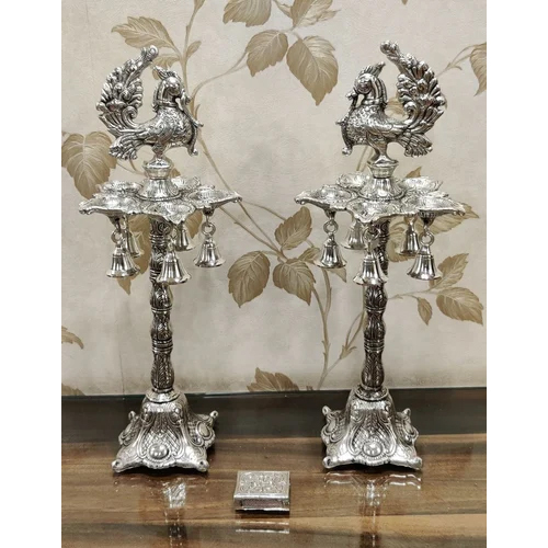 Silver Hand Engraved Peacock Samai Diya Stand Pair - Pack of 2