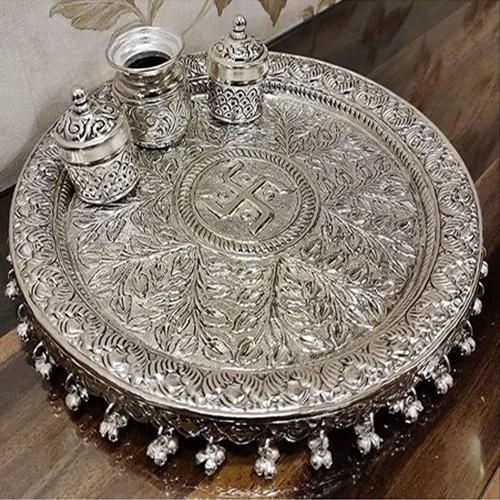 10.5 Inch Diameter German Silver Puja Thali Set