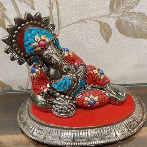 Silver-Multicolour Metal Aram Ganesha Statue