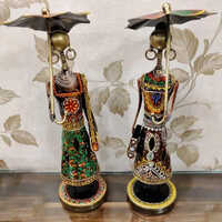 Traditional Indian Lady Pair Metal Statues - High-quality Steel, 12.7x12.7x40.64 Cm | Polished Antique Finish, Multicolour Design For Home & Holiday Decor