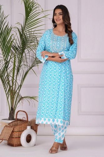 Sky Blue Leaf Embroidery Rayon Kurti