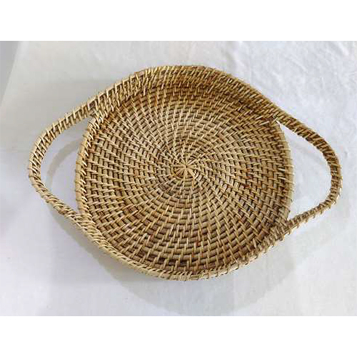 Cane Round Serving Tray With Long Handle