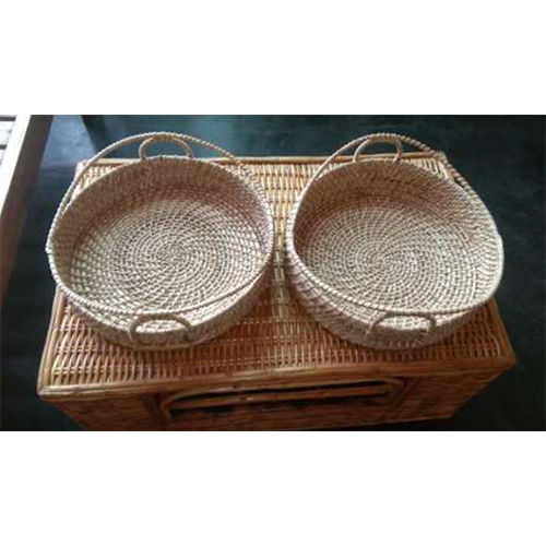 Cane Round Tray With Long Handle