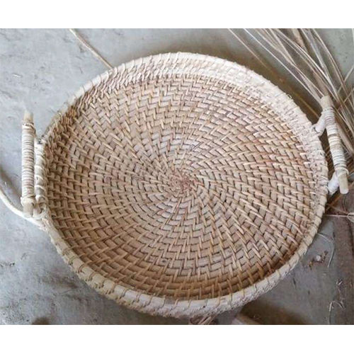Cane Round Tray With Wooden Handle