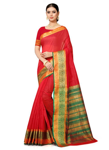 Leeza Store Red Silk Blend Woven Banarasi Saree