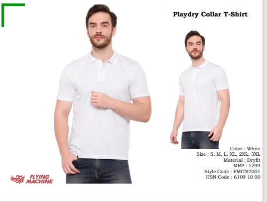 FLYING MACHINE DRY FIT WHITE COLLAR T SHIRT