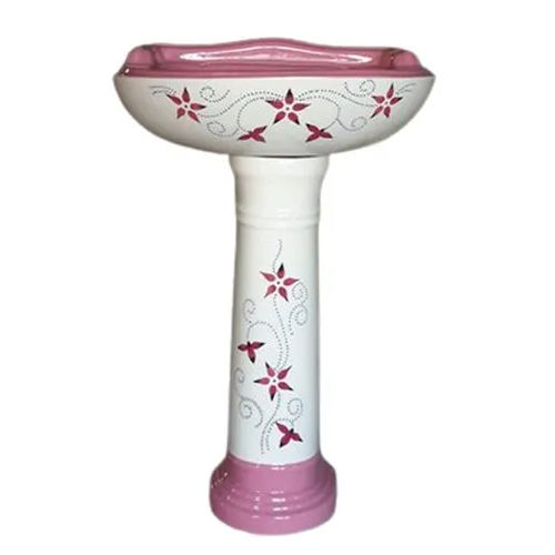 White Pink Flower Printed Ceramic Pedestal Wash Basin