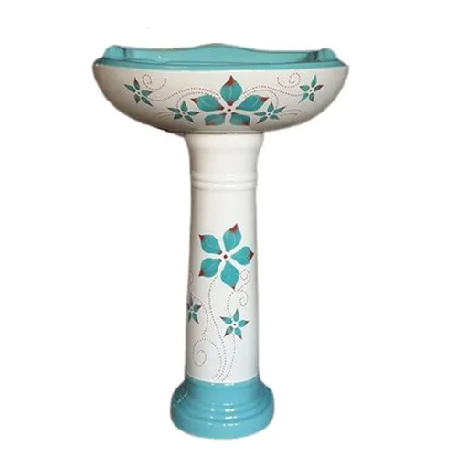 Sky Blue Flower Print Ceramic Pedestal Wash Basin