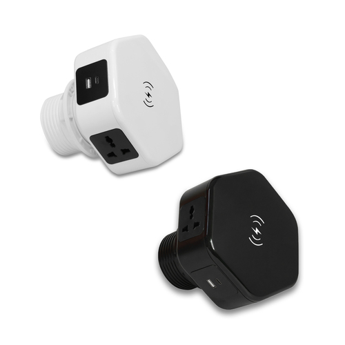 Black And White Hexad Power Console 5 Universal Power Sockets 15 Watt Wireless Charging With 1 USB A 3.0 And Type C 30 Watt Port With 1.8m Cord MX-7013A