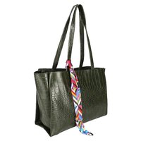 President Womens Handbag - Croc Pattern Design, 35 X 29 X 5.7 Cm, Green Color, Spacious With Secure Zip Partitions And Ribbon Adornment