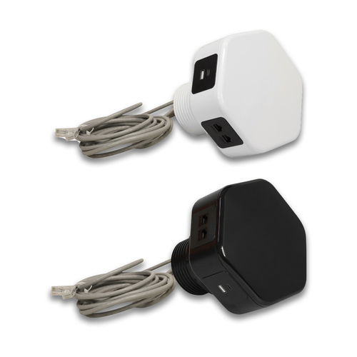 Hexad Power Console - Engineered Polycarbonate 4 Universal Power Sockets 2 RJ-45 Ports 1 USB A 3.0 Type C 30 Watt Wireless Charger 15 Watt