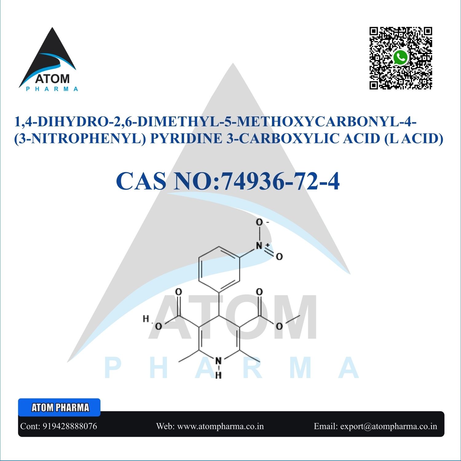 1 4 DIHYDRO 2 6 DIMETHYL 5 METHOXYCARBONYL 4  3 NITROPHENYL  PYRIDINE 3 CARBOXY LIC ACID  L ACID  INTERMEDIATE