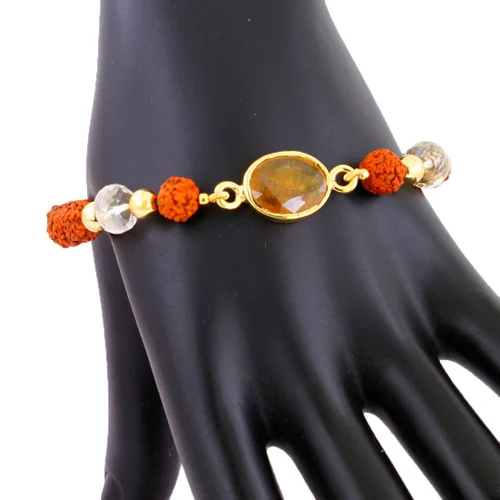 Rudraksha With Pukhraj Stone Bracelet - Shape: Round/oval