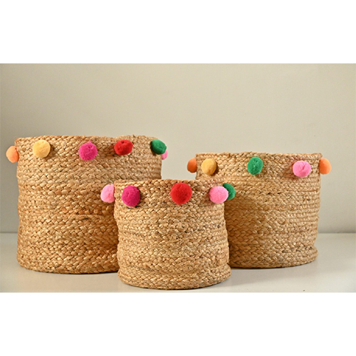Handicraft Jute Multicolor Pom Pom Set of 3 Multi Purpose Basket