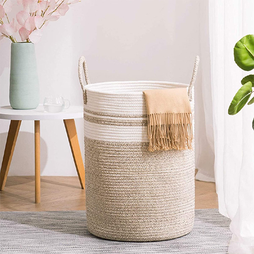 Jute and Cotton White and Beige Laundry Basket