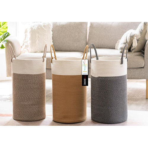 Cotton White And Beige White And Gray Laundry Basket