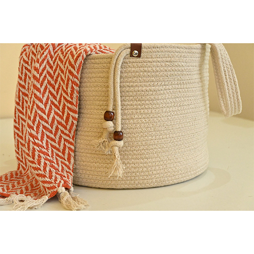 Handwoven Decorative Circular Cotton White Basket with Loops