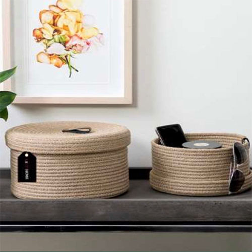 Round Basket Set of 2 Decorative Baskets Natural Cotton Rope Lidded Baskets