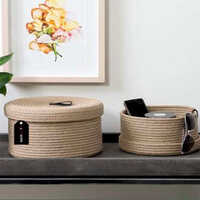 Round Basket Set of 2 Decorative Baskets Natural Cotton Rope Lidded Baskets
