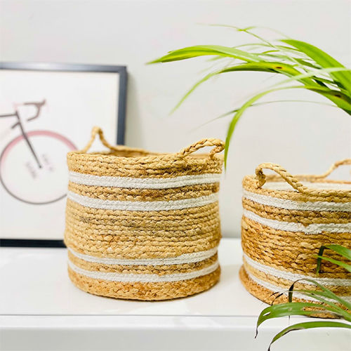 Handcrafted Jute And Cotton Woven Round Multipurpose Planter Cum Storage Basket