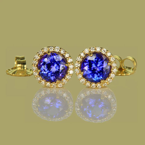 Minimal Floral 14k Gold Deep Blue Tanzanite Earring Studs